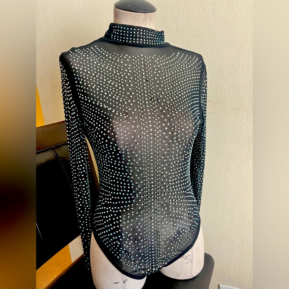 Black Rhinestone Embellished Sheer bodysuit